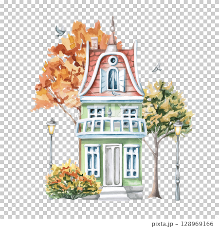 Urban two-story green house with balconies and autumn trees. Isolated watercolor illustration for the design of printed products of architectural bureaus, guidebooks, postcards, children's products. 128969166