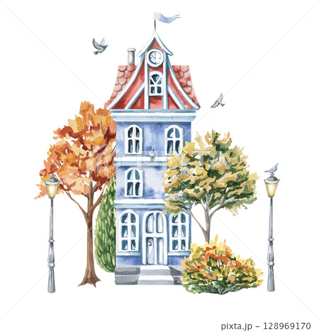 Three-storey city house with an attic and autumn trees. Isolated watercolor illustration of buildings for the design of printed products of architectural bureaus, guidebooks, children's products 128969170
