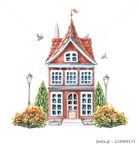 City house with attic and autumn trees. Isolated watercolor illustration of buildings for design of printed products of architectural bureaus, guidebooks, postcards, children's products. 128969171