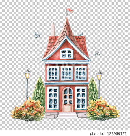 City house with attic and autumn trees. Isolated watercolor illustration of buildings for design of printed products of architectural bureaus, guidebooks, postcards, children's products. 128969171