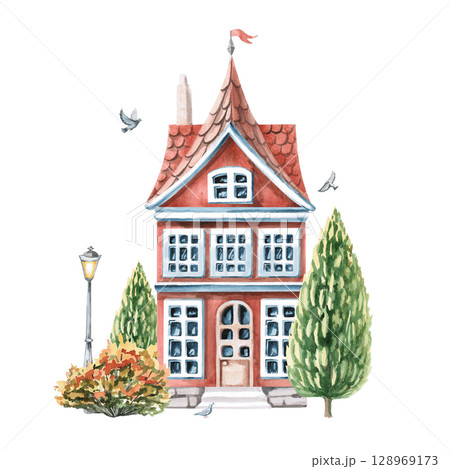 City red house with autumn trees, pigeons,lantern. Isolated watercolor illustration of buildings for design of printed products of architectural bureaus, guidebooks, postcards, children's products. 128969173