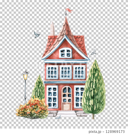 City red house with autumn trees, pigeons,lantern. Isolated watercolor illustration of buildings for design of printed products of architectural bureaus, guidebooks, postcards, children's products. 128969173