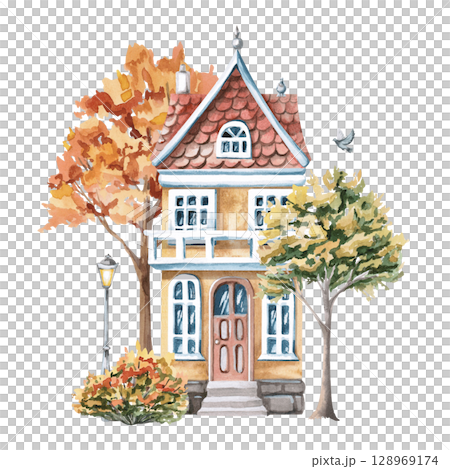 Urban yellow house with autumn trees and pigeons. Isolated watercolor illustration of buildings for design of printed products of architectural bureaus, guidebooks, postcards, children's products. 128969174