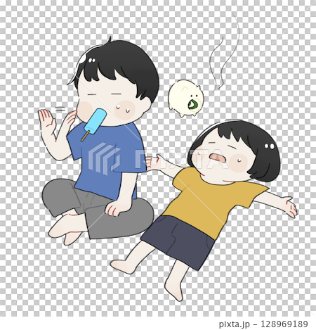 アイスを食べる男の子と暑くて大の字になる女の子のイラスト 128969189