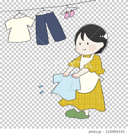 Illustration of a woman hanging laundry 128969191