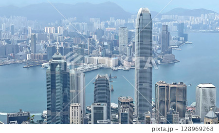 Hong Kong residential and commerical crowded buildings, cityscape river 128969268