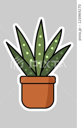 Succulent plant in a pot. Stylized potted plant with green leaves and polka dots, perfect for stickers, icons, or design elements. Ideal for botanical designs, home decor themes. Gray background 128969270