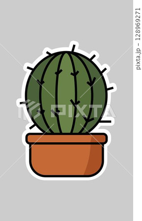 Cactus succulent in pot, cartoon flat style. Cute stylized potted succulent. Cacti isolated for sticker, greeting card, botanical designs, home decor themes 128969271