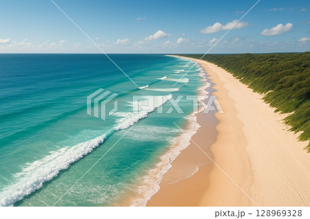 エメラルドグリーンの海と白い砂浜 128969328