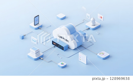 Cloud Computing Illustration Featuring LLM Model with Connected Devices and Data Flow 128969638