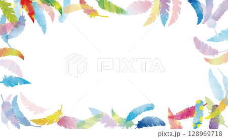 手描き水彩のカラフルな羽がふわふわと舞う（16:9）1  128969718
