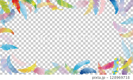 手描き水彩のカラフルな羽がふわふわと舞う（16:9）1  128969718