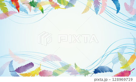 手描き水彩のカラフルな羽がふわふわと舞う（16:9）2 128969719