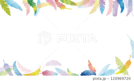 手描き水彩のカラフルな羽がふわふわと舞う（16:9）3 128969720