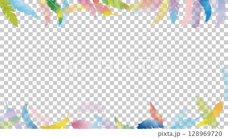 手描き水彩のカラフルな羽がふわふわと舞う（16:9）3 128969720