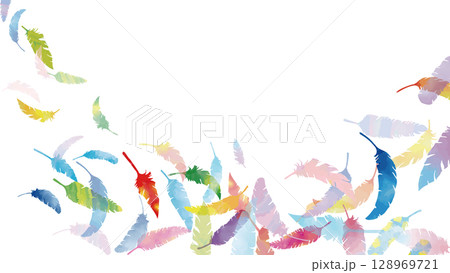 手描き水彩のカラフルな羽がふわふわと舞う(16:9)4 手描き水彩のカラフルな羽がふわふわと舞う(16:9)4 128969721