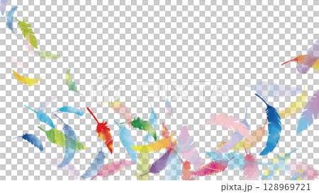 手描き水彩のカラフルな羽がふわふわと舞う(16:9)4 手描き水彩のカラフルな羽がふわふわと舞う(16:9)4 128969721