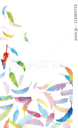 手描き水彩のカラフルな羽がふわふわと舞う（16:9）縦1 128969728