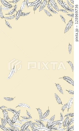 手描き線画の羽がふわふわと舞うフレーム（16:9）縦1 128969736