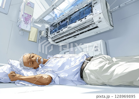 室内で冷房を使い涼をとる高齢男性のイラスト素材｜熱中症対策・シニア・夏の暑さ対策 128969895