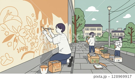 ストリートアート！壁に絵を描く男性アーティスト 128969917