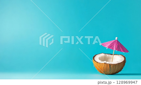Half coconut featuring a pink cocktail umbrella, suggesting a refreshing tropical drink against a vibrant turquoise backdrop, embodies relaxation and summer escape Half coconut featuring a pink cocktail umbrella, suggesting a refreshing tropical drink against a vibrant turquoise backdrop, embodies relaxation and summer escape 128969947
