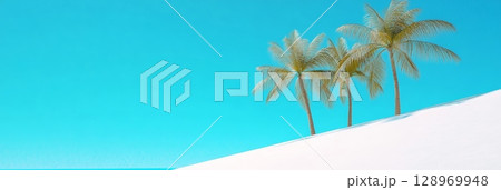 Three palm trees rising from a white sand dune with turquoise water and sky in the background, creating a perfect summer holiday destination 128969948