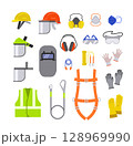 Simple flat icons of personal protective equipment used in construction, industrial, or hazardous work. Safety helmet, face shield, dust mask, safety glasses, earmuffs, safety harness, work gloves 128969990