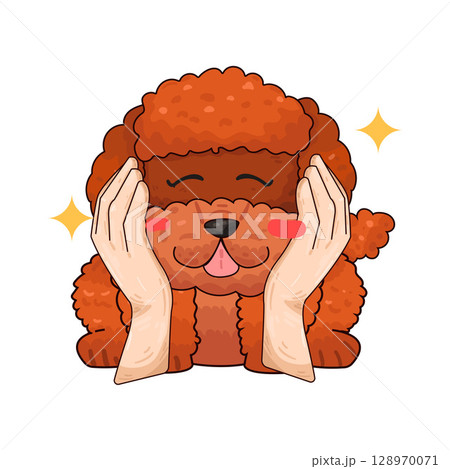 illustration of hand holding dog face illustration of hand holding dog face 128970071