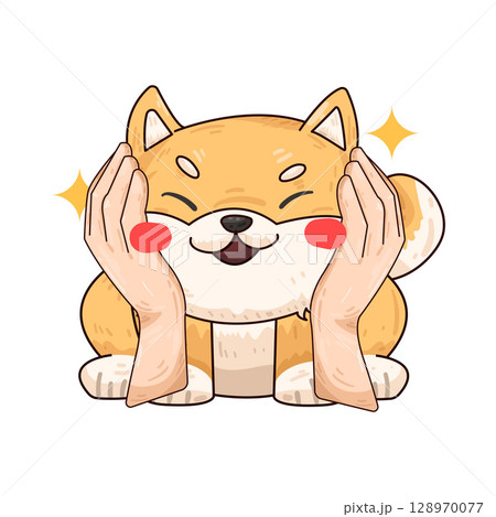 illustration of hand holding dog face illustration of hand holding dog face 128970077