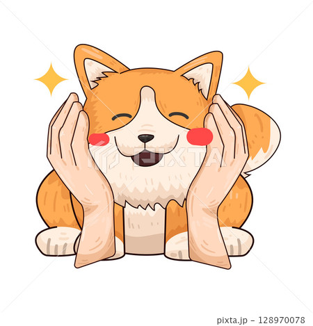 illustration of hand holding dog face illustration of hand holding dog face 128970078