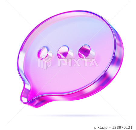 3d glass holographic speech bubble icon with pink purple gradient. Rainbow crystal talk box with text message of dots. Isolated chat, dialog, comment, quote, web notification symbol. 3D illustration 128970121
