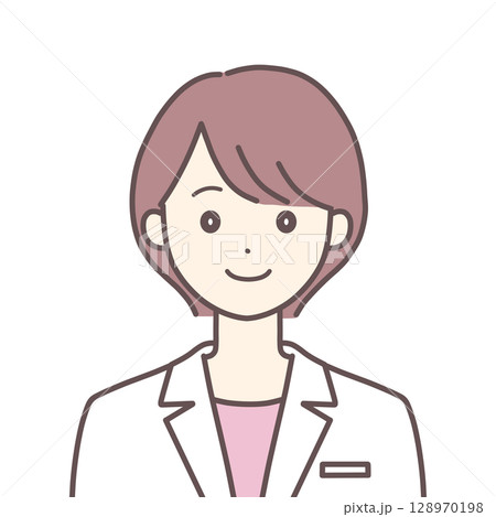 正面を向いた笑顔の白衣の女性（肌の色あり） 128970198