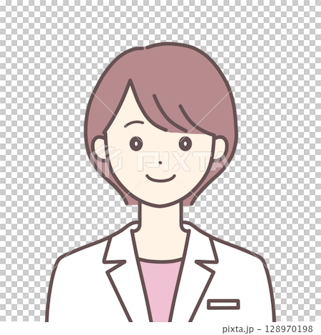 正面を向いた笑顔の白衣の女性（肌の色あり） 128970198