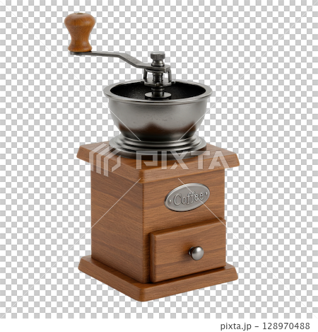 Vintage manual coffee grinder with a wooden body a retro hand crank kitchen utensil 128970488