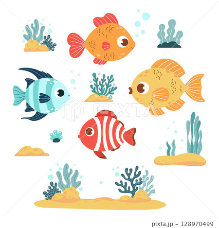 Cute Cartoon Tropical Fish and Sea Plants, seaweed and Coral on seabed. Isolated underwater animals and plants on white. Vector illustration. Kids collection Cute Cartoon Tropical Fish and Sea Plants, seaweed and Coral on seabed. Isolated underwater animals and plants on white. Vector illustration. Kids collection 128970499
