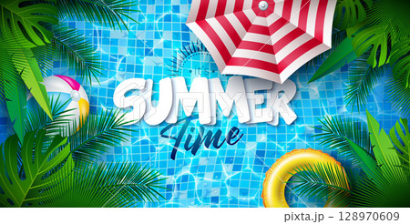 Summer Time Holiday Illustration with Tropical Palm Leaves, Beach Ball, Sunshade and Typography Letter on Blue Pool Background. Vector Summer Vacation Design for Banner, Flyer, Invitation, Brochure Summer Time Holiday Illustration with Tropical Palm Leaves, Beach Ball, Sunshade and Typography Letter on Blue Pool Background. Vector Summer Vacation Design for Banner, Flyer, Invitation, Brochure 128970609