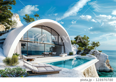 Modern arch-shaped villa on a cliff with sea view and pool in greece 128970780