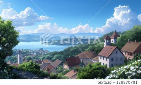 Stunning view of red rooftops in old town surrounded by breathtaking landscapes 128970781