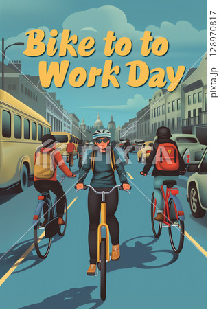 Illustration of a bicycle with text: celebrate bike to work day greeting card design 128970817