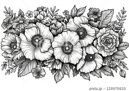 Intricate black and white ink drawing of detailed botanical flowers in hand-drawn style Intricate black and white ink drawing of detailed botanical flowers in hand-drawn style 128970820