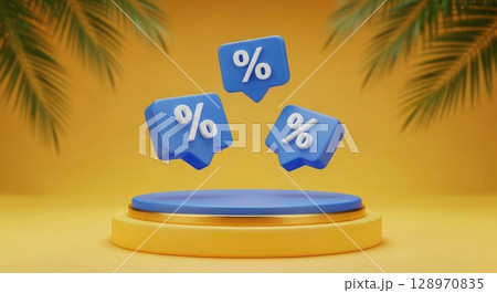 3D rendering of three percentage signs above a blue podium on a yellow background with palm shadows, symbolizing discounts 128970835