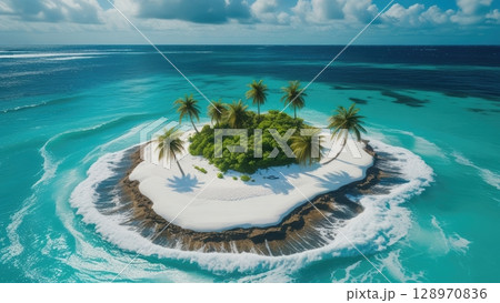 Top view of a small tropical island with palm trees, a white sandy beach, and turquoise water surrounded by waves. 128970836