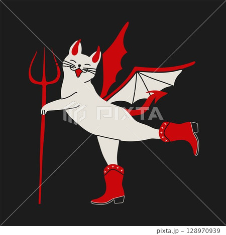 Fantasy Demon Cat in Red Boots Holding Trident 128970939