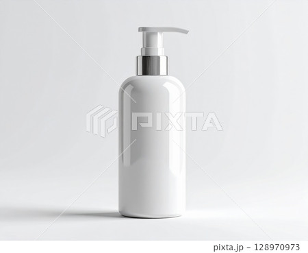 Close Up of White Plastic Bottle with Silver Pump on Clean Background 128970973