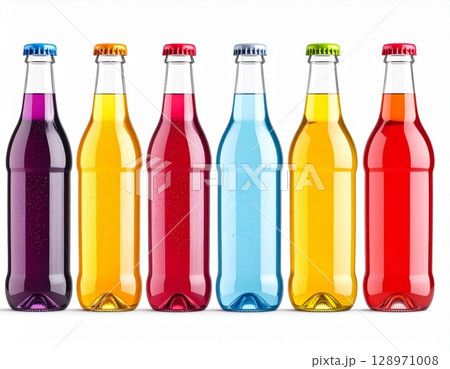 Row of Colorful Glass Soda Bottles with Various Flavors on a White Background 128971008