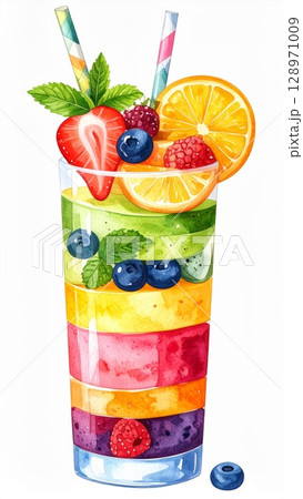 Vibrant Layered Fruit Smoothie with Strawberry Blueberry and Orange on White Background 128971009
