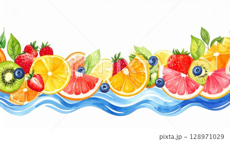 Assorted Fresh Fruit Border with Blue Wave Design on a White Background 128971029