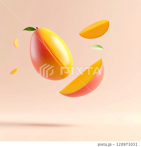 Arrangement of Sliced Mango Pieces with Green Leaves on a Beige Background 128971031