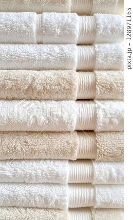 Stack of Clean White and Beige Cotton Towels in Vertical Arrangement Still Life 128971165